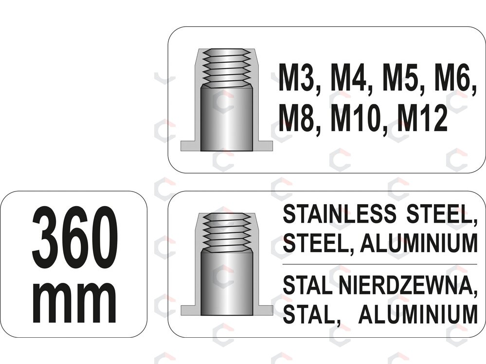 Kniediklis srieginėms kniedėms | M3, M4, M5, M6, M8, M10, M12 (YT-36128) 4 Kniediklis srieginėms kniedėms | M3, M4, M5, M6, M8, M10, M12 (YT-36128) 4