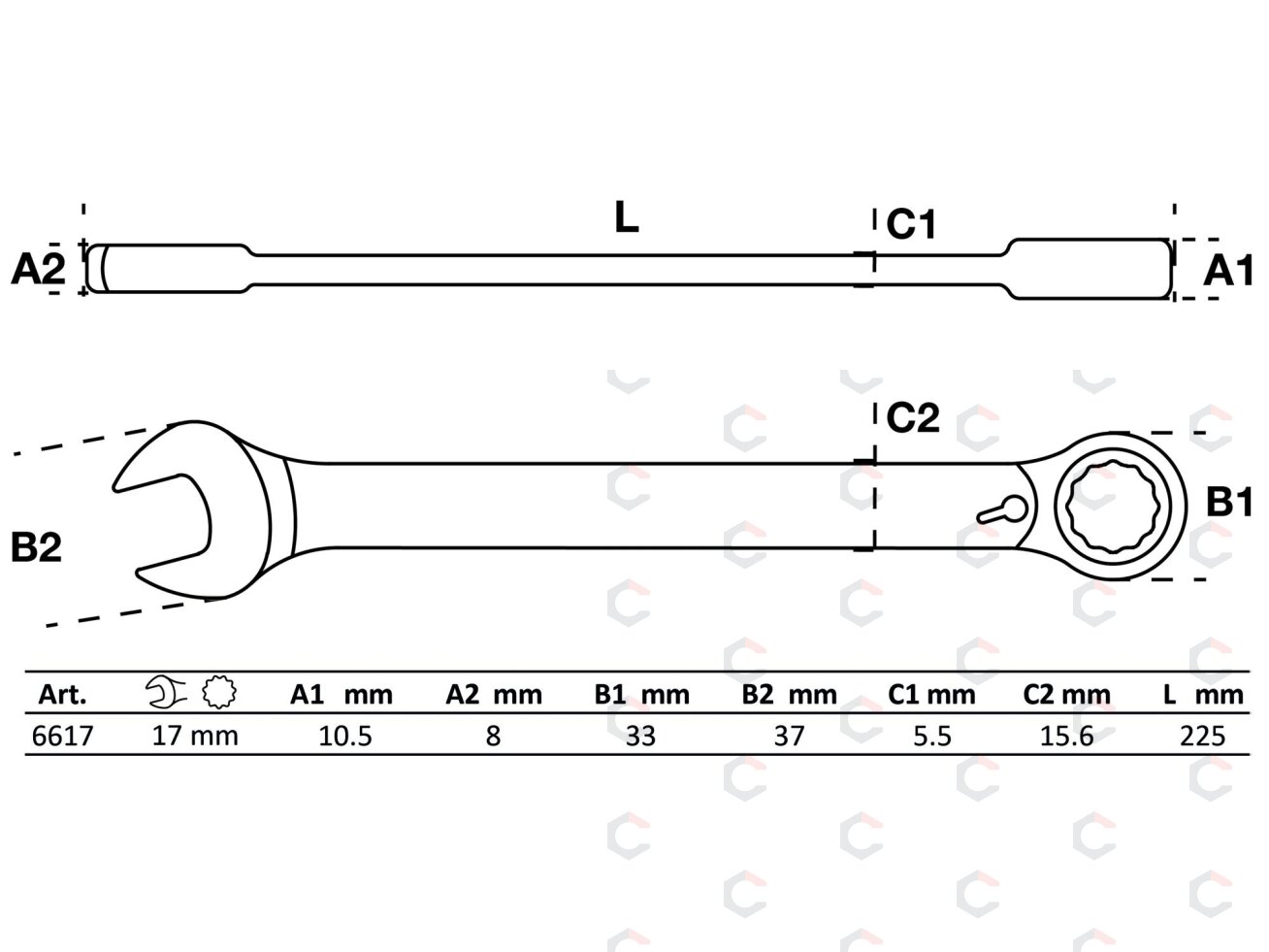 Kombinuotas raktas su terkšle | su reversu | 17 mm (6617) 1 Kombinuotas raktas su terkšle | su reversu | 17 mm (6617) 1