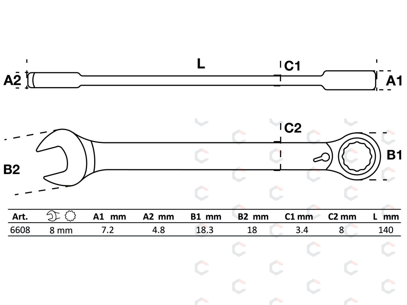 Kombinuotas raktas su terkšle | su reversu | 8 mm (6608) 1 Kombinuotas raktas su terkšle | su reversu | 8 mm (6608) 1
