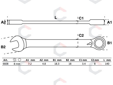 Kombinuotas raktas su terkšle | su reversu | 8 mm (6608) Kombinuotas raktas su terkšle | su reversu | 8 mm (6608)