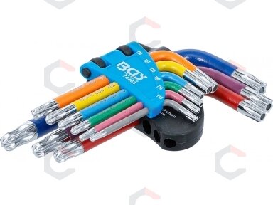 L tipo raktų rinkinys | daugiaspalviai šarnyriniai su skyle | T-Star (Torx) T10 - T50 | 9 vnt. (74463B)