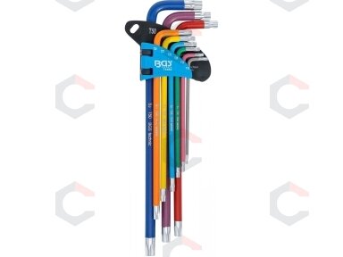 L tipo raktų rinkinys | spalvoti | labai ilgi | T-Star su skylutėm (Torx) T10 - T50 | 9 vnt. (74462B) L tipo raktų rinkinys | spalvoti | labai ilgi | T-Star su skylutėm (Torx) T10 - T50 | 9 vnt. (74462B)