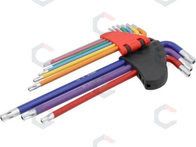 L tipo raktų rinkinys | spalvoti | labai ilgi | T-Star su skylutėm (Torx) T10–T50 | 9 vnt. (YT-05636) L tipo raktų rinkinys | spalvoti | labai ilgi | T-Star su skylutėm (Torx) T10–T50 | 9 vnt. (YT-05636)