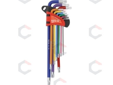 L tipo raktų rinkinys | spalvoti | labai ilgi | T-Star su skylutėm (Torx) T10–T50 | 9 vnt. (YT-05636) L tipo raktų rinkinys | spalvoti | labai ilgi | T-Star su skylutėm (Torx) T10–T50 | 9 vnt. (YT-05636)
