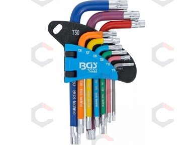 L tipo raktų rinkinys | spalvoti | trumpi | T-Star su skylutėm (Torx) T10 - T50 | 9 vnt. (74460B)