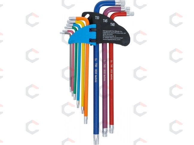 L tipo raktų rinkinys | spalvoti | labai ilgi | T-Star su skylutėm (Torx) T10 - T50 | 9 vnt. (74462B) 2 L tipo raktų rinkinys | spalvoti | labai ilgi | T-Star su skylutėm (Torx) T10 - T50 | 9 vnt. (74462B) 2