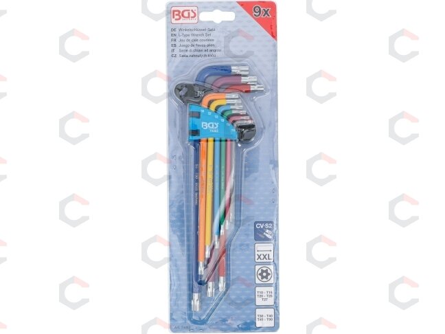 L tipo raktų rinkinys | spalvoti | labai ilgi | T-Star su skylutėm (Torx) T10 - T50 | 9 vnt. (74462B) 3 L tipo raktų rinkinys | spalvoti | labai ilgi | T-Star su skylutėm (Torx) T10 - T50 | 9 vnt. (74462B) 3