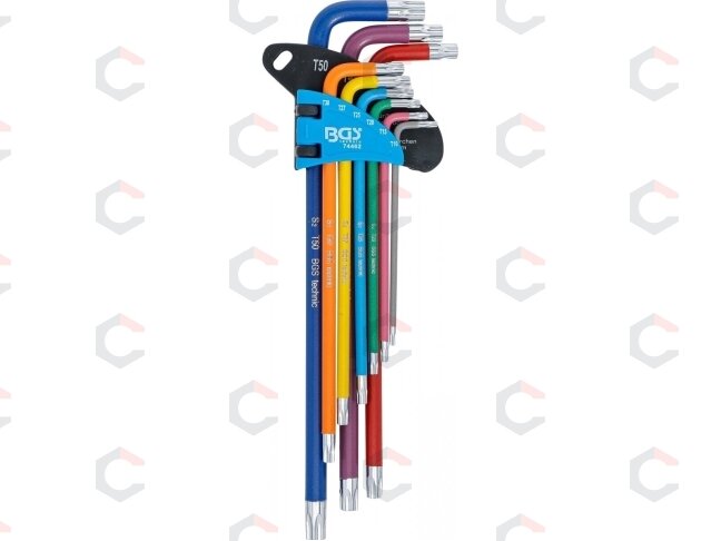 L tipo raktų rinkinys | spalvoti | labai ilgi | T-Star su skylutėm (Torx) T10 - T50 | 9 vnt. (74462B) L tipo raktų rinkinys | spalvoti | labai ilgi | T-Star su skylutėm (Torx) T10 - T50 | 9 vnt. (74462B)