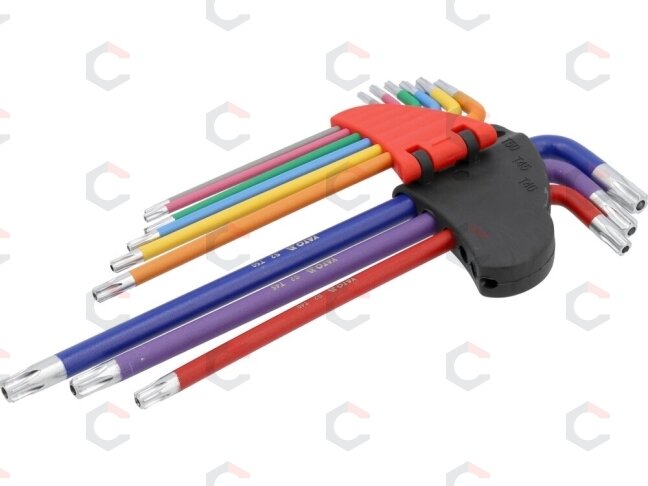 L tipo raktų rinkinys | spalvoti | labai ilgi | T-Star su skylutėm (Torx) T10–T50 | 9 vnt. (YT-05636) 1