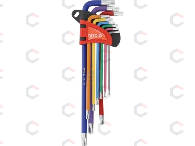 L tipo raktų rinkinys | spalvoti | labai ilgi | T-Star su skylutėm (Torx) T10–T50 | 9 vnt. (YT-05636)