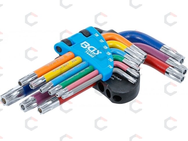 L tipo raktų rinkinys | spalvoti | trumpi | T-Star su skylutėm (Torx) T10 - T50 | 9 vnt. (74460B) 1 L tipo raktų rinkinys | spalvoti | trumpi | T-Star su skylutėm (Torx) T10 - T50 | 9 vnt. (74460B) 1