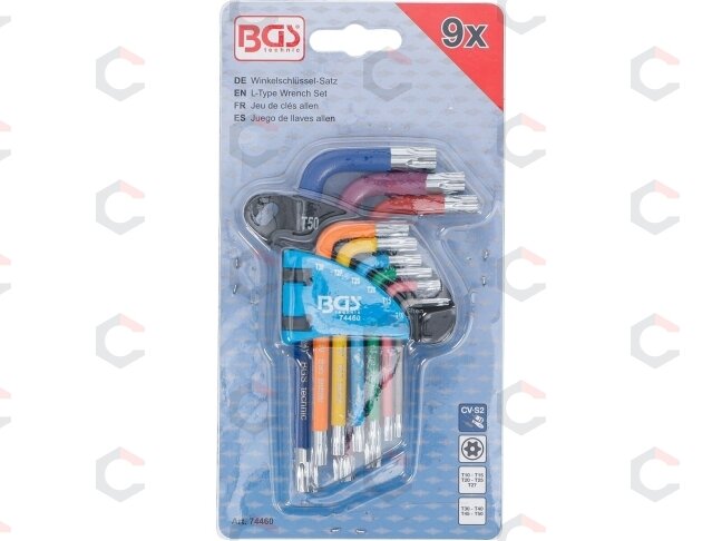 L tipo raktų rinkinys | spalvoti | trumpi | T-Star su skylutėm (Torx) T10 - T50 | 9 vnt. (74460B) 3 L tipo raktų rinkinys | spalvoti | trumpi | T-Star su skylutėm (Torx) T10 - T50 | 9 vnt. (74460B) 3