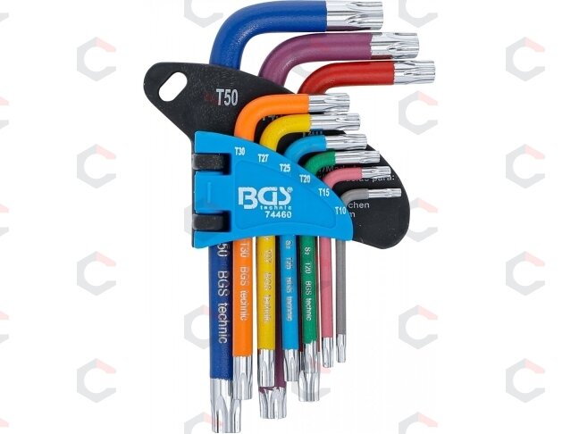 L tipo raktų rinkinys | spalvoti | trumpi | T-Star su skylutėm (Torx) T10 - T50 | 9 vnt. (74460B) L tipo raktų rinkinys | spalvoti | trumpi | T-Star su skylutėm (Torx) T10 - T50 | 9 vnt. (74460B)