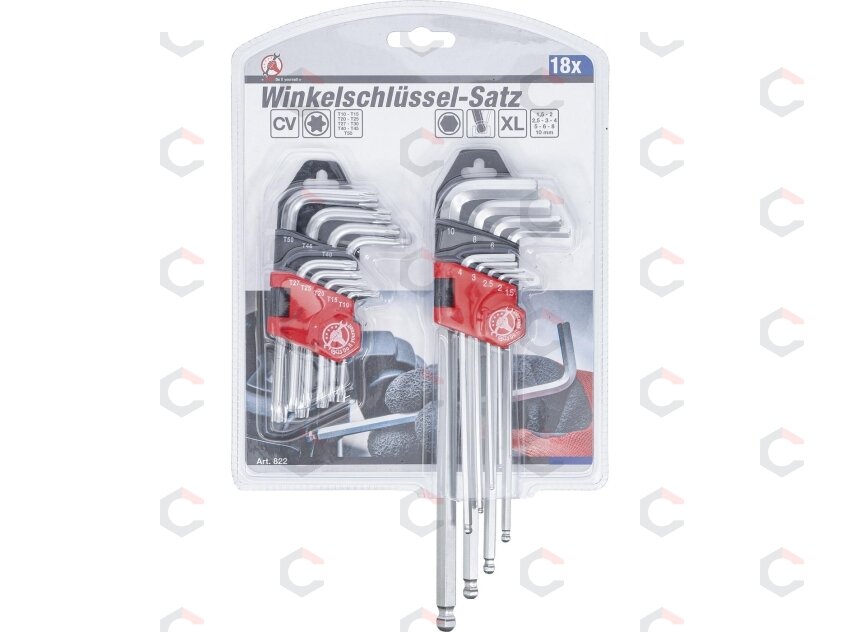 L tipo raktų rinkinys | ilgi | T-Star (Torx) T10 - T50 / Hex šešiakampis 1,5 - 10 mm | 18 vnt. (822) 3
