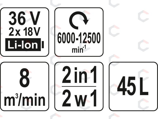 Lapų pūstuvas + siurblys | akumuliatorinis | 36V = 2X18V | be akumuliatoriaus (YT-85175) 4 Lapų pūstuvas + siurblys | akumuliatorinis | 36V = 2X18V | be akumuliatoriaus (YT-85175) 4