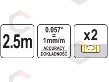 Lyginimo lenta / gulsčiukas | aliumininė 2 akutės | 2,5 m (YT-3073) 1 Lyginimo lenta / gulsčiukas | aliumininė 2 akutės | 2,5 m (YT-3073) 1