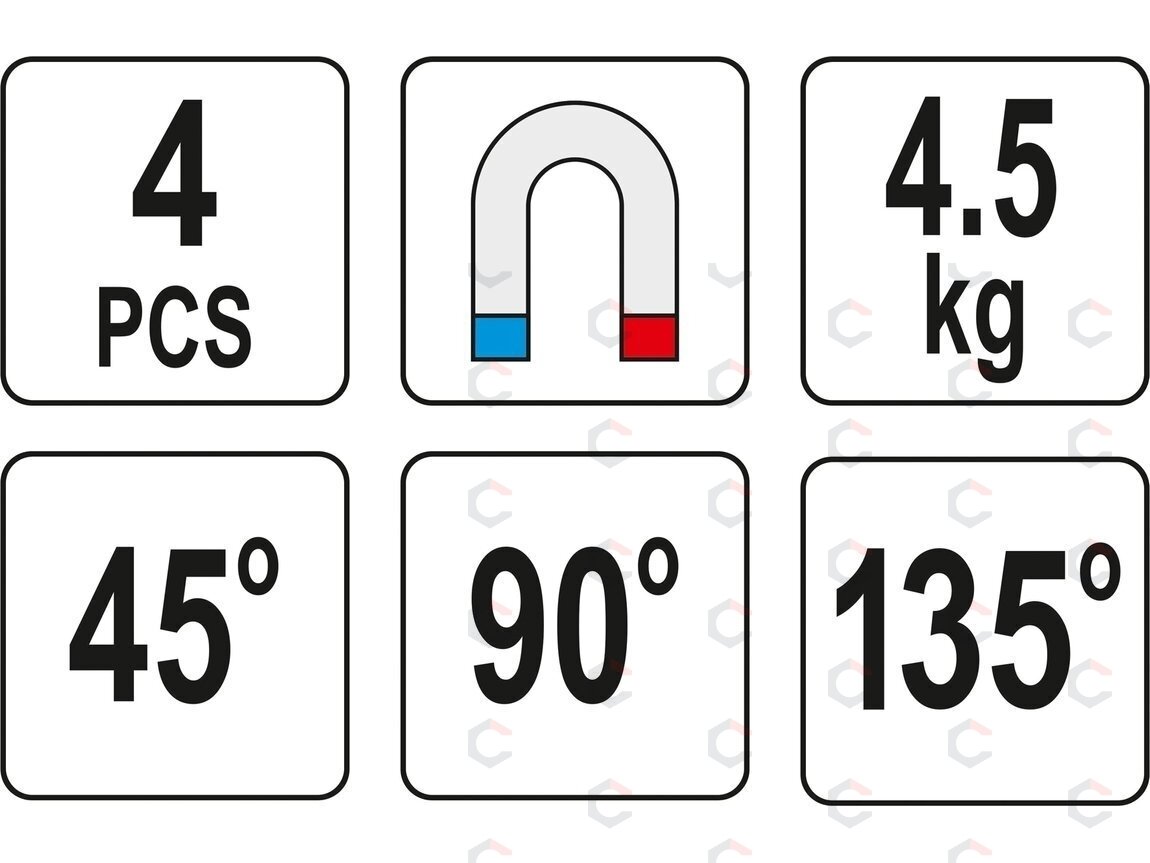 Magnetinių laikiklių rinkinys | 45° - 90° - 135° | 4 vnt. (YT-08677) 3 Magnetinių laikiklių rinkinys | 45° - 90° - 135° | 4 vnt. (YT-08677) 3