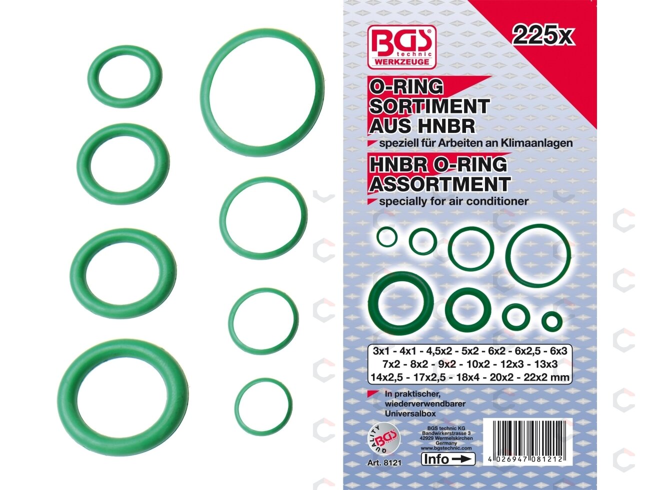 Manžetų rinkinys kondicionieriams HNBR | Ø 3 - 22 mm | 225 vnt. (8121) Manžetų rinkinys kondicionieriams HNBR | Ø 3 - 22 mm | 225 vnt. (8121)