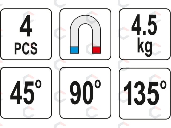 Magnetinių laikiklių rinkinys | 45° - 90° - 135° | 4 vnt. (YT-08677) 3 Magnetinių laikiklių rinkinys | 45° - 90° - 135° | 4 vnt. (YT-08677) 3