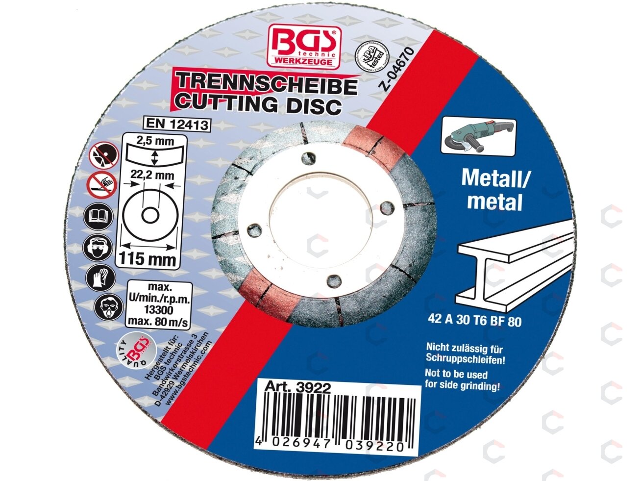 Metalo pjovimo diskas | Ø 115 x 2,5 x 22,2 mm | 42 tipas (3922) Metalo pjovimo diskas | Ø 115 x 2,5 x 22,2 mm | 42 tipas (3922)