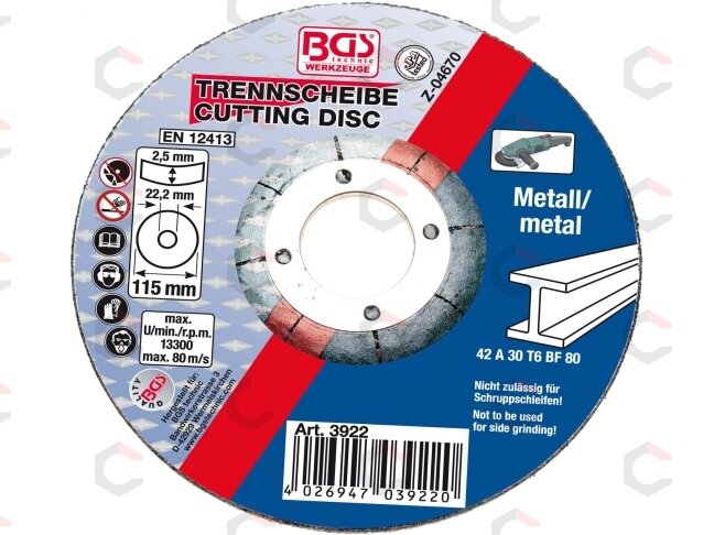 Metalo pjovimo diskas | Ø 115 x 2,5 x 22,2 mm | 42 tipas (3922) Metalo pjovimo diskas | Ø 115 x 2,5 x 22,2 mm | 42 tipas (3922)