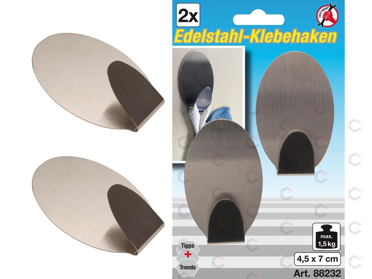 Nerūdijančio plieno klijuojami kabliukai | 45 x 70 mm | 1.5 kg | 2 vnt. (88232)