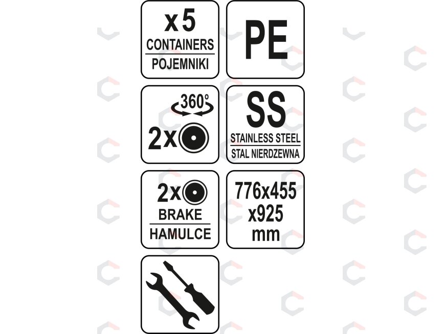 Nerūdijančio plieno indų surinkimo vežimėlis | su 5 konteineriais (YG-09101) 7