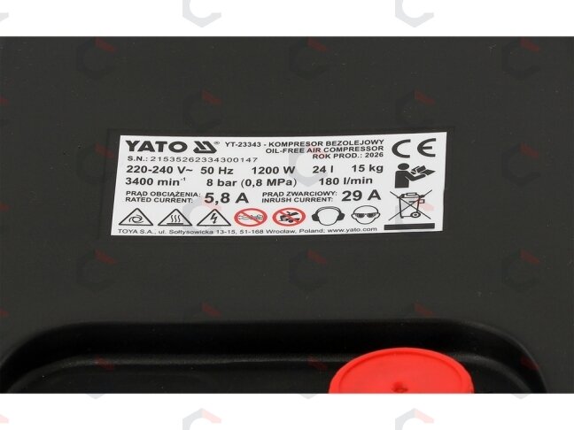 Oro kompresorius | be alyvos | 24 l | 1200 W | 8 bar (YT-23343) 9 Oro kompresorius | be alyvos | 24 l | 1200 W | 8 bar (YT-23343) 9