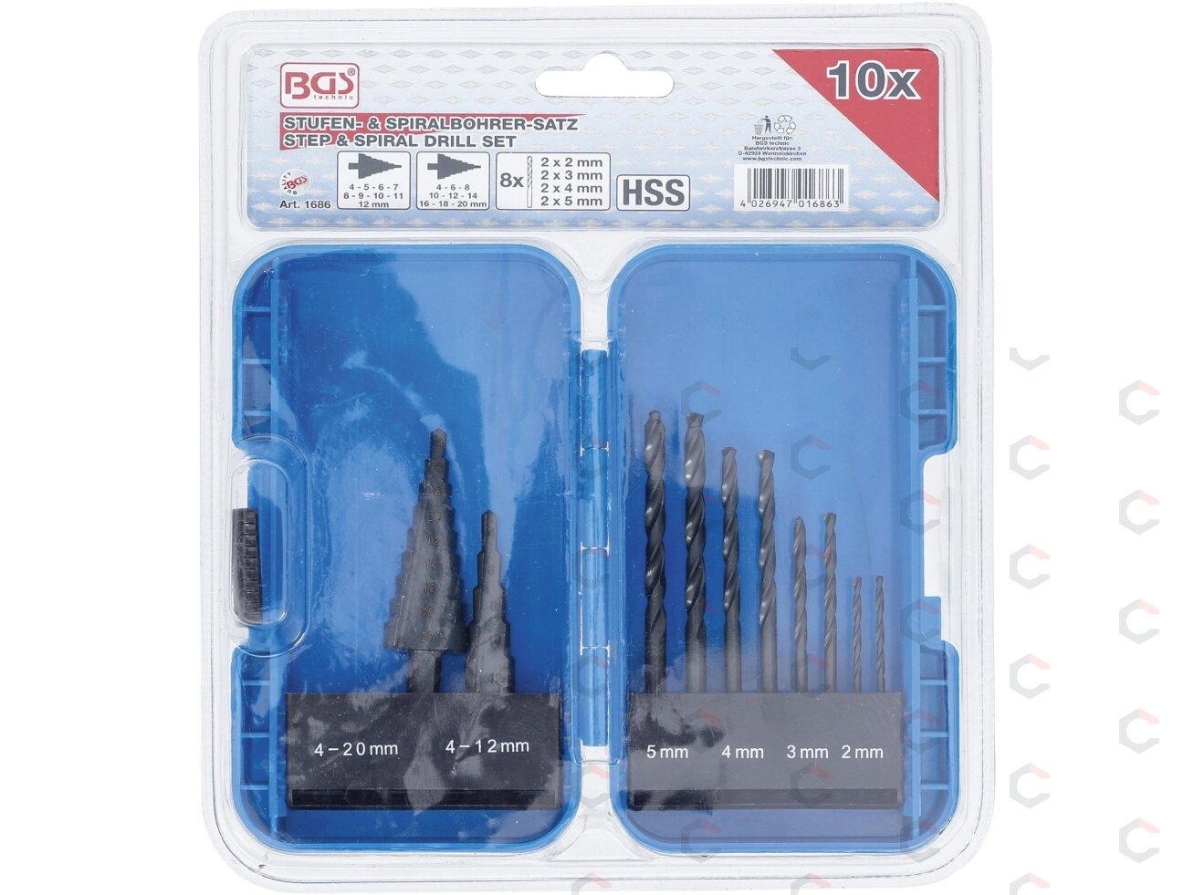 Pakopinių grąžtų ir grąžtų metalui komplektas | Ø 4 - 12/4 - 20 mm | 2 - 5 mm | 10 vnt. (1686) 5 Pakopinių grąžtų ir grąžtų metalui komplektas | Ø 4 - 12/4 - 20 mm | 2 - 5 mm | 10 vnt. (1686) 5