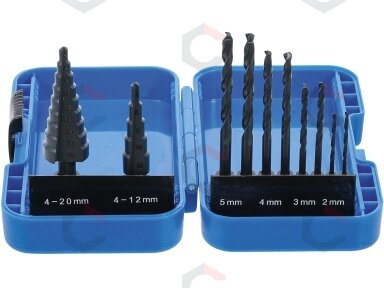 Pakopinių grąžtų ir grąžtų metalui komplektas | Ø 4 - 12/4 - 20 mm | 2 - 5 mm | 10 vnt. (1686) Pakopinių grąžtų ir grąžtų metalui komplektas | Ø 4 - 12/4 - 20 mm | 2 - 5 mm | 10 vnt. (1686)