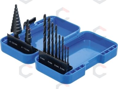 Pakopinių grąžtų ir grąžtų metalui komplektas | Ø 4 - 12/4 - 20 mm | 2 - 5 mm | 10 vnt. (1686) Pakopinių grąžtų ir grąžtų metalui komplektas | Ø 4 - 12/4 - 20 mm | 2 - 5 mm | 10 vnt. (1686)