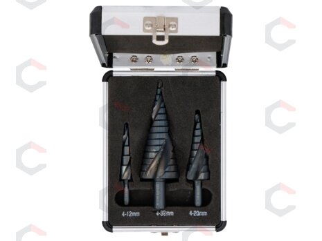 Pakopinių grąžtų rinkinys | HSS-Stahl (4241) | Ø 4 - 32 mm | 3 vnt. (91945) 3 Pakopinių grąžtų rinkinys | HSS-Stahl (4241) | Ø 4 - 32 mm | 3 vnt. (91945) 3