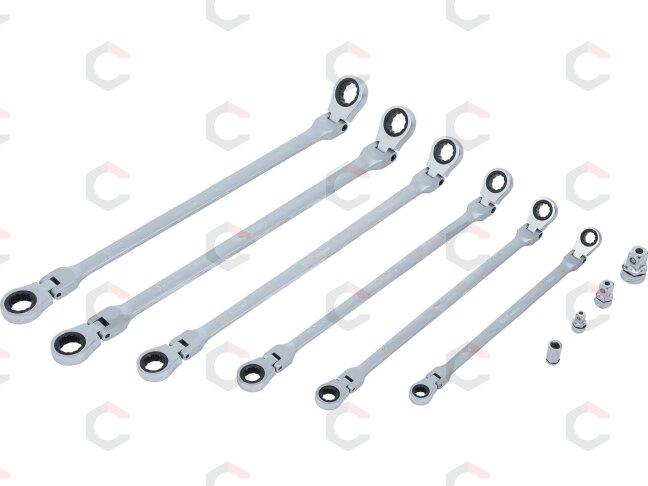 Pailgintų terkšlinių vartomų dvipusių raktų rinkinys | su adapteriais galvutėms | 8 - 19 mm | 10 vnt. (1541) 1