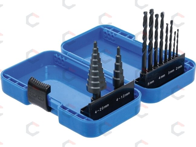 Pakopinių grąžtų ir grąžtų metalui komplektas | Ø 4 - 12/4 - 20 mm | 2 - 5 mm | 10 vnt. (1686) 2 Pakopinių grąžtų ir grąžtų metalui komplektas | Ø 4 - 12/4 - 20 mm | 2 - 5 mm | 10 vnt. (1686) 2