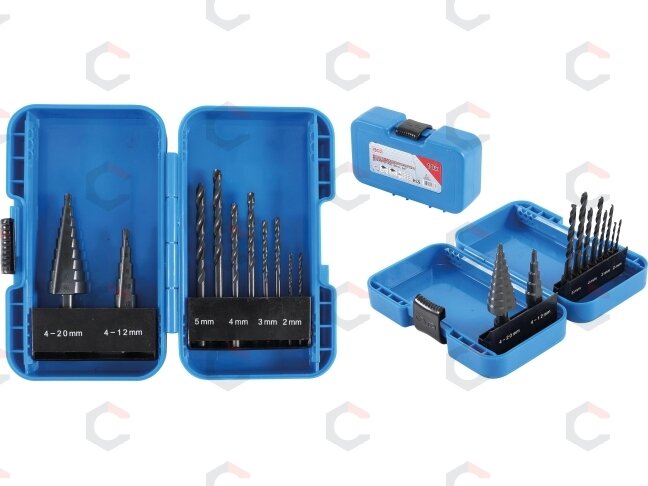 Pakopinių grąžtų ir grąžtų metalui komplektas | Ø 4 - 12/4 - 20 mm | 2 - 5 mm | 10 vnt. (1686) 6 Pakopinių grąžtų ir grąžtų metalui komplektas | Ø 4 - 12/4 - 20 mm | 2 - 5 mm | 10 vnt. (1686) 6