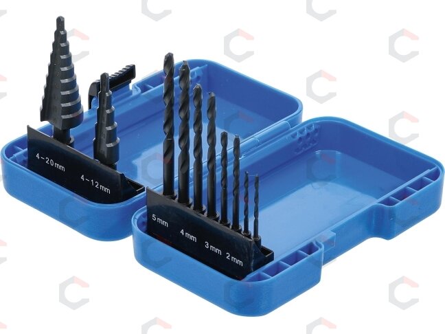 Pakopinių grąžtų ir grąžtų metalui komplektas | Ø 4 - 12/4 - 20 mm | 2 - 5 mm | 10 vnt. (1686) Pakopinių grąžtų ir grąžtų metalui komplektas | Ø 4 - 12/4 - 20 mm | 2 - 5 mm | 10 vnt. (1686)