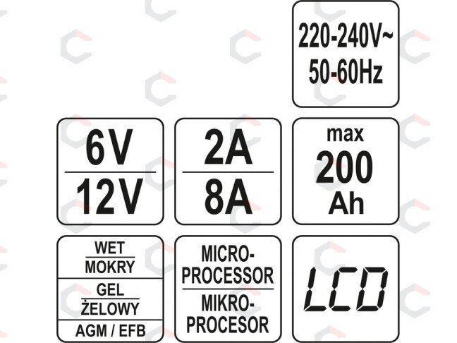 Pakrovėjas akumuliatoriams | 6 V / 12 V, mikroprocesorinis | LCD, AGM/GEL/EFB (YT-83001) 6 Pakrovėjas akumuliatoriams | 6 V / 12 V, mikroprocesorinis | LCD, AGM/GEL/EFB (YT-83001) 6