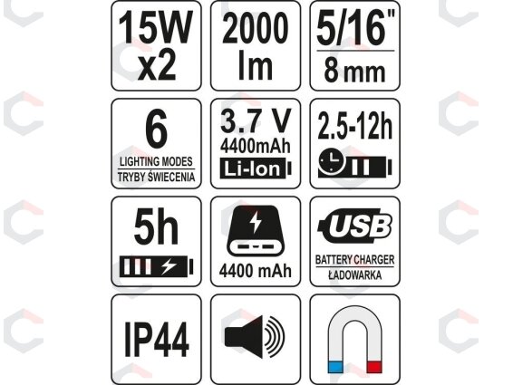 Perkeliamas žibintas su garsiakalbiu | 2X15W | 2000LM, LI-ION 3.7V 4400MAH, bluetooth POWERBANK (YT-81808) 9 Perkeliamas žibintas su garsiakalbiu | 2X15W | 2000LM, LI-ION 3.7V 4400MAH, bluetooth POWERBANK (YT-81808) 9
