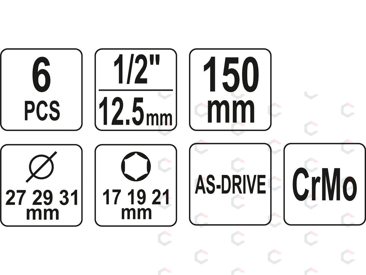 Plonasienių smūginių galvučių rinkinys su apsaugom | 12,5 mm (1/2") | 150 mm | 17/19/21 mm | 6 vnt. (YT-10563) 4 Plonasienių smūginių galvučių rinkinys su apsaugom | 12,5 mm (1/2") | 150 mm | 17/19/21 mm | 6 vnt. (YT-10563) 4