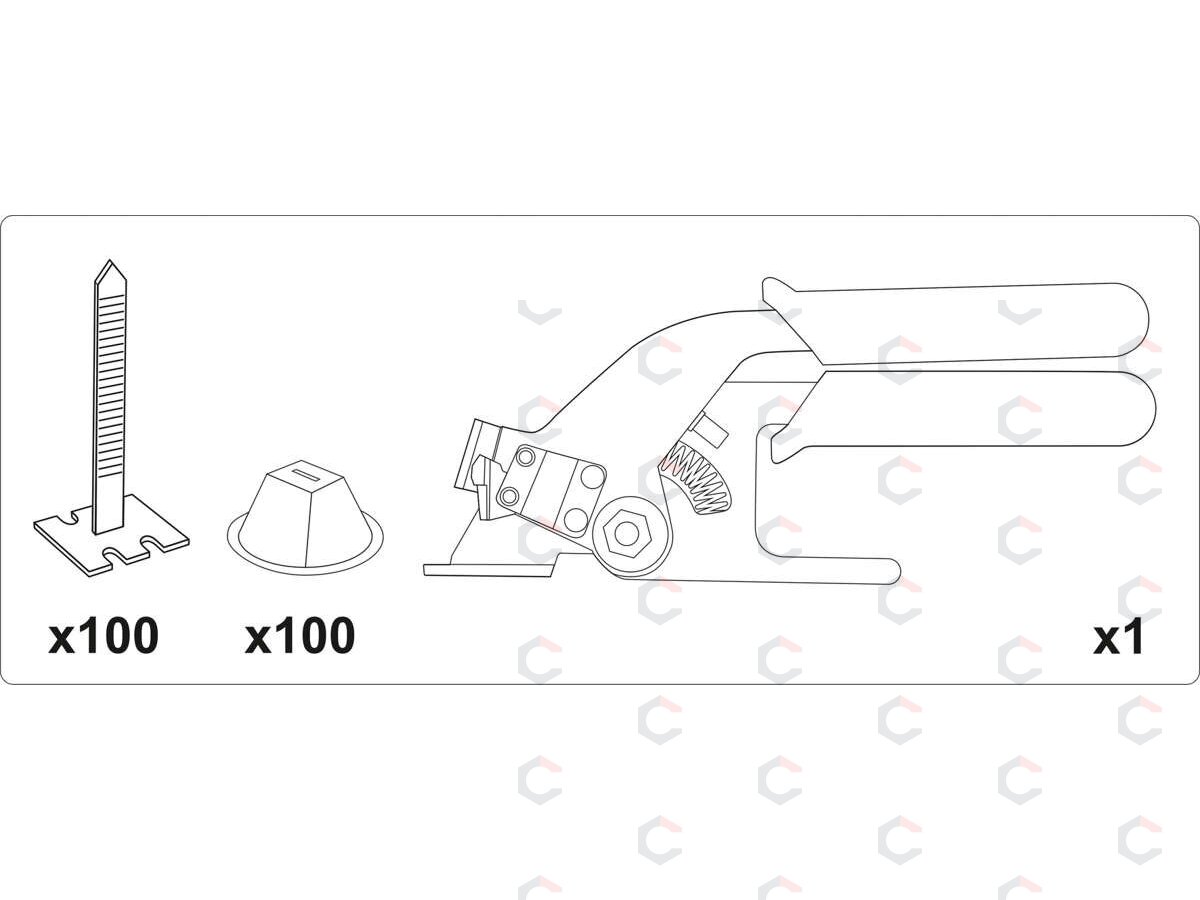 Plytelių išlyginimo rinkinys | Juostos x 100vnt / puodeliai x 100vnt / replės x1 vnt (04680) 1 Plytelių išlyginimo rinkinys | Juostos x 100vnt / puodeliai x 100vnt / replės x1 vnt (04680) 1
