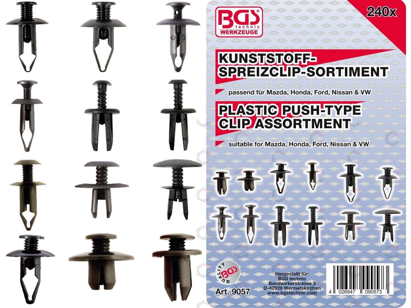Plastikinių įspaudimo tipo kniedžių asortimentas automobiliams Mazda, Honda, Ford, Nissan ir VW | 240 vnt. (9057) 3 Plastikinių įspaudimo tipo kniedžių asortimentas automobiliams Mazda, Honda, Ford, Nissan ir VW | 240 vnt. (9057) 3