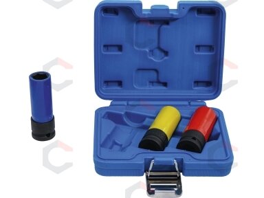 Plonasienių smūginių galvučių rinkinys su apsaugom | 12,5 mm (1/2") | 17/19/21 mm | 3 vnt. (7300) Plonasienių smūginių galvučių rinkinys su apsaugom | 12,5 mm (1/2") | 17/19/21 mm | 3 vnt. (7300)