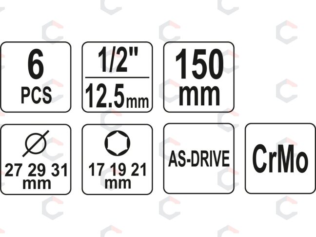 Plonasienių smūginių galvučių rinkinys su apsaugom | 12,5 mm (1/2") | 150 mm | 17/19/21 mm | 6 vnt. (YT-10563) 4 Plonasienių smūginių galvučių rinkinys su apsaugom | 12,5 mm (1/2") | 150 mm | 17/19/21 mm | 6 vnt. (YT-10563) 4