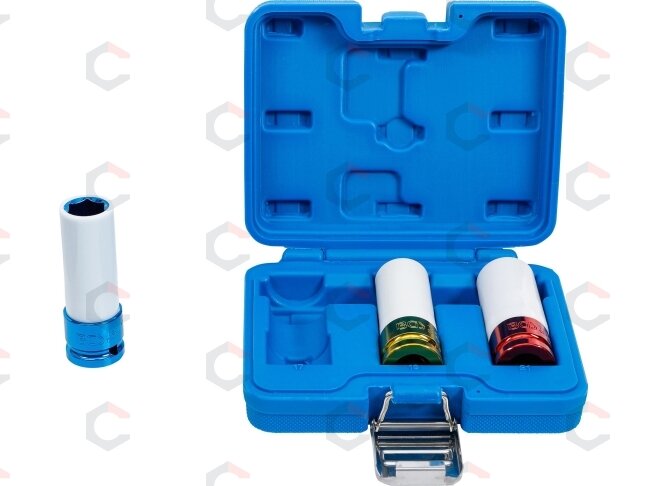 Plonasienių smūginių galvučių rinkinys su apsaugom | 12,5 mm (1/2") | 17/19/21 mm | 3 vnt. (7200) 1 Plonasienių smūginių galvučių rinkinys su apsaugom | 12,5 mm (1/2") | 17/19/21 mm | 3 vnt. (7200) 1