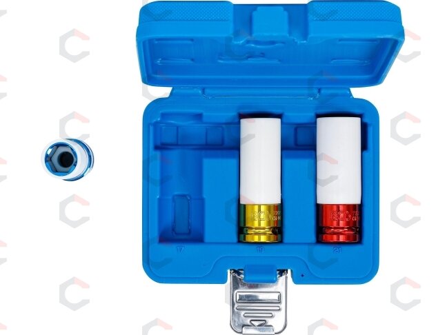 Plonasienių smūginių galvučių rinkinys su apsaugom | 12,5 mm (1/2") | 17/19/21 mm | 3 vnt. (7200) 5 Plonasienių smūginių galvučių rinkinys su apsaugom | 12,5 mm (1/2") | 17/19/21 mm | 3 vnt. (7200) 5