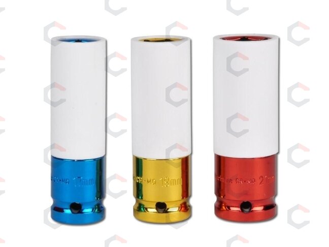Plonasienių smūginių galvučių rinkinys su apsaugom | 12,5 mm (1/2") | 17/19/21 mm | 3 vnt. (7200) 7 Plonasienių smūginių galvučių rinkinys su apsaugom | 12,5 mm (1/2") | 17/19/21 mm | 3 vnt. (7200) 7