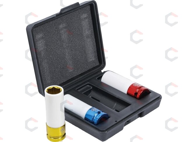 Plonasienių smūginių galvučių rinkinys su apsaugom | 12,5 mm (1/2") | 17/19/21 mm | 3 vnt. (7310) Plonasienių smūginių galvučių rinkinys su apsaugom | 12,5 mm (1/2") | 17/19/21 mm | 3 vnt. (7310)