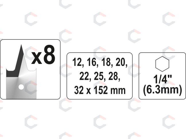 Plunksninių grąžtų rinkinys | 1/4" antgalis | 12-32 mm | 8 vnt (YT-3259) 2 Plunksninių grąžtų rinkinys | 1/4" antgalis | 12-32 mm | 8 vnt (YT-3259) 2