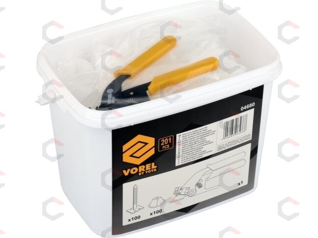 Plytelių išlyginimo rinkinys | Juostos x 100vnt / puodeliai x 100vnt / replės x1 vnt (04680) Plytelių išlyginimo rinkinys | Juostos x 100vnt / puodeliai x 100vnt / replės x1 vnt (04680)