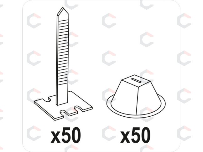 Plytelių išlyginimo sistema / Juostos ir puodeliai plytelių lyginimui | 50+50 vnt | 100 vnt. (04683) 1 Plytelių išlyginimo sistema / Juostos ir puodeliai plytelių lyginimui | 50+50 vnt | 100 vnt. (04683) 1